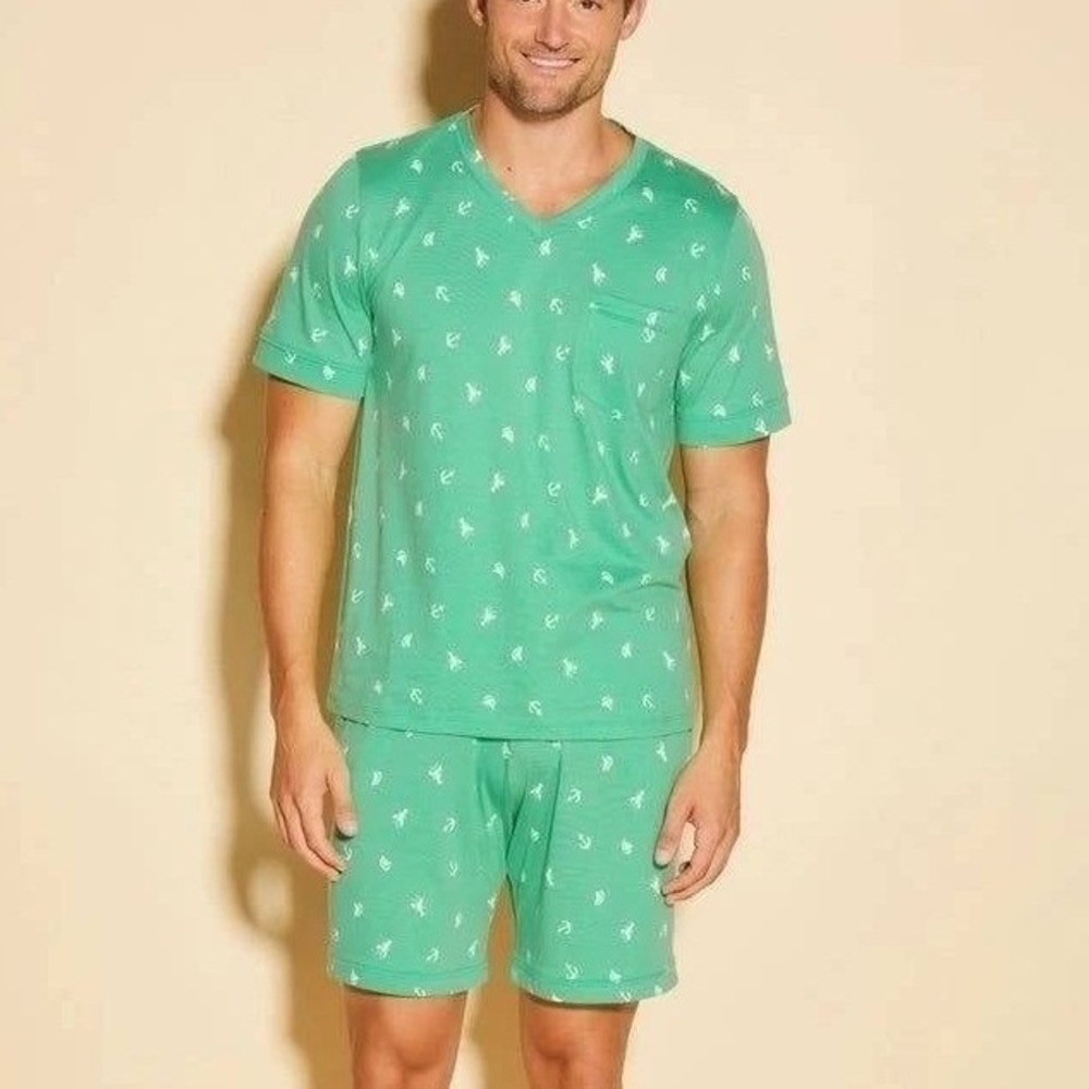 Cosabella Mens Road Trip Lounge Set Green Nautical Anchor Lobster Print Large